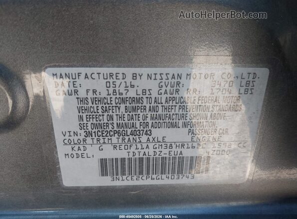 3N1CE2CP6GL403743 2016 NISSAN VERSA NOTE Gray Engine compartment view