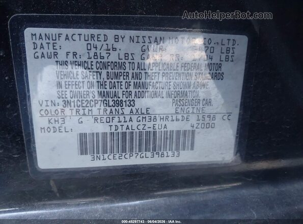3N1CE2CP7GL398133 2016 NISSAN VERSA NOTE Black ძრავის განყოფილების ხედი