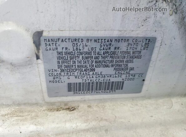 3N1CE2CP7GL401399 2016 NISSAN VERSA White Вид наклейки з VIN-кодом