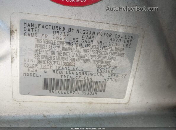 3N1CE2CP7JL353054 2018 NISSAN VERSA NOTE Silver Вид підкапотного простору