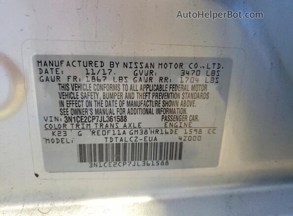 3N1CE2CP7JL361588 2018 NISSAN VERSA Silver 