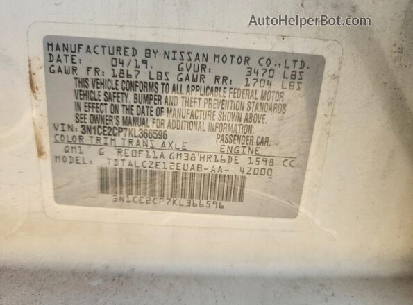 3N1CE2CP7KL366596 2019 NISSAN VERSA White Vista del compartimento del motor