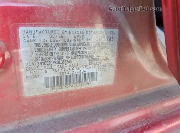 3N1CE2CP8GL388243 2016 NISSAN VERSA Red Widok komory silnika