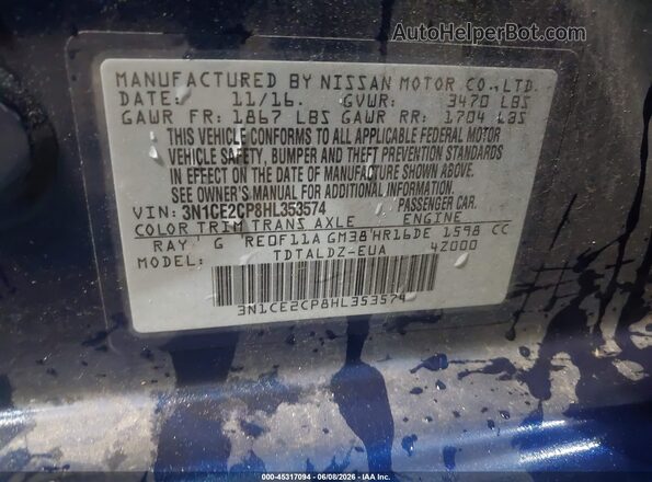 3N1CE2CP8HL353574 2017 NISSAN VERSA NOTE Blue Widok komory silnika