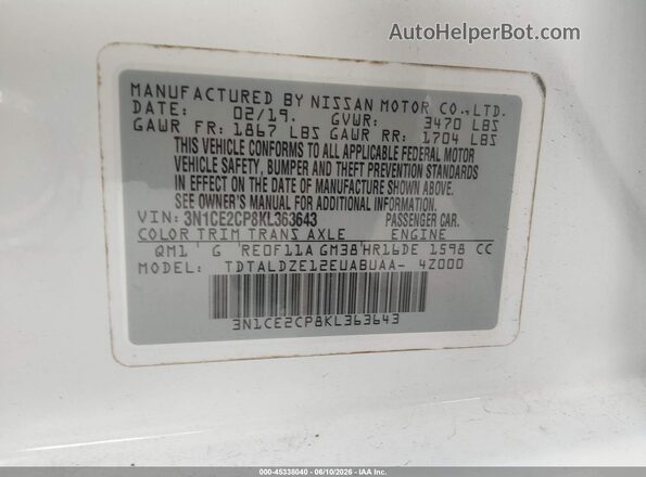 3N1CE2CP8KL363643 2019 NISSAN VERSA NOTE Белый Вид подкапотного пространства