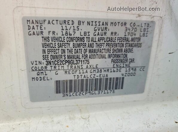 3N1CE2CP9GL371175 2016 NISSAN VERSA White 
