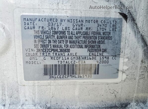 3N1CE2CP9HL365930 2017 NISSAN VERSA White 