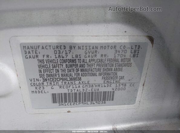3N1CE2CP9HL369038 2017 NISSAN VERSA NOTE Silver Շարժիչի բաժամունքի տեսք