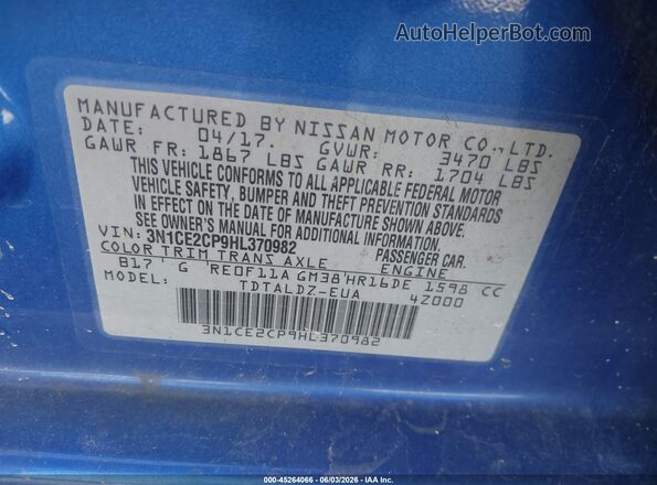 3N1CE2CP9HL370982 2017 NISSAN VERSA NOTE Blue 