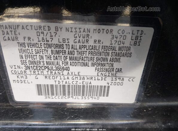 3N1CE2CP9JL355940 2018 NISSAN VERSA NOTE Black Widok komory silnika