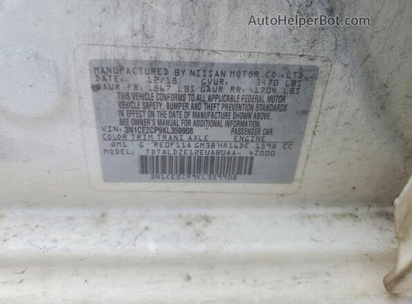 3N1CE2CP9KL359908 2019 NISSAN VERSA White Вид підкапотного простору
