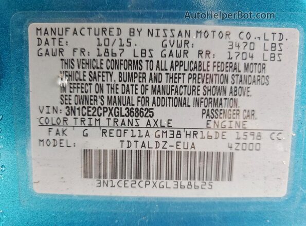 3N1CE2CPXGL368625 2016 NISSAN VERSA Blue Widok wnętrza 360 stopni