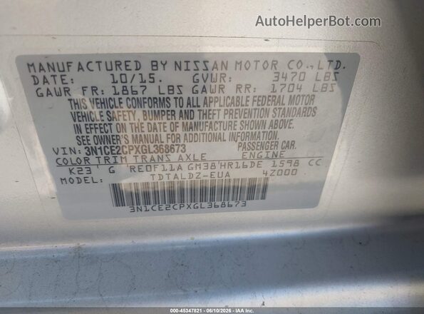 3N1CE2CPXGL368673 2016 NISSAN VERSA NOTE Silver 