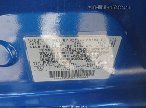 3N1CE2CPXGL392083 2016 NISSAN VERSA NOTE Blue ძრავის განყოფილების ხედი
