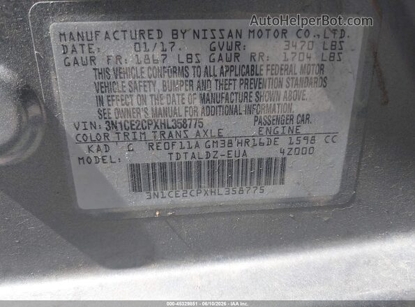 3N1CE2CPXHL358775 2017 NISSAN VERSA NOTE Серый Вид подкапотного пространства