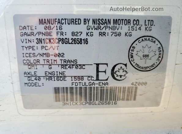 3N1CK3CP8GL265816 2016 NISSAN MICRA White 