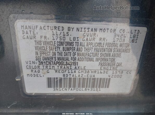 3N1CN7AP0GL843151 2016 NISSAN VERSA Gray Շարժիչի բաժամունքի տեսք