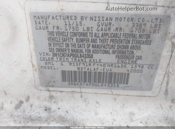 3N1CN7AP0GL843358 2016 NISSAN VERSA White Widok komory silnika