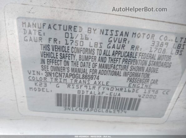 3N1CN7AP0GL865974 2016 NISSAN VERSA Silver Engine compartment view