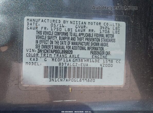 3N1CN7AP0GL899820 2016 NISSAN VERSA Gray Engine compartment view
