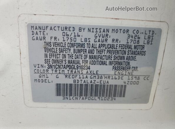 3N1CN7AP0GL910234 2016 NISSAN VERSA White Շարժիչի բաժամունքի տեսք