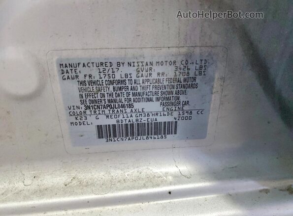 3N1CN7AP0JL846185 2018 NISSAN VERSA Silver 