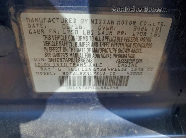 3N1CN7AP0JL886248 2018 NISSAN VERSA Синий Вид наклейки с VIN-кодом