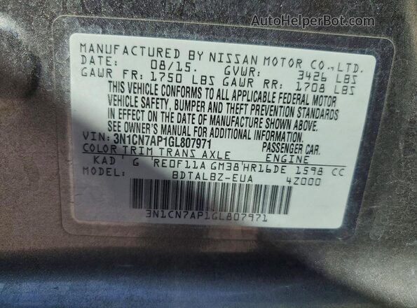 3N1CN7AP1GL807971 2016 NISSAN VERSA Charcoal Вид наклейки з VIN-кодом