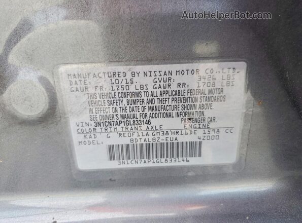 3N1CN7AP1GL833146 2016 NISSAN VERSA Gray 