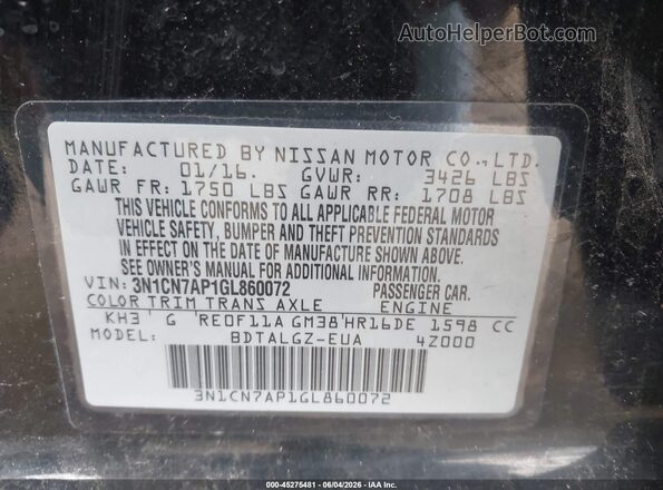 3N1CN7AP1GL860072 2016 NISSAN VERSA Black Շարժիչի բաժամունքի տեսք