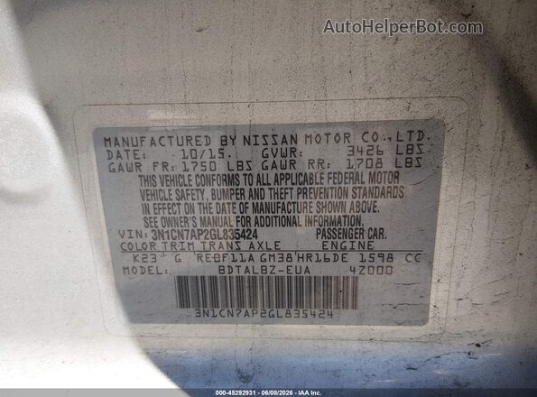 3N1CN7AP2GL835424 2016 NISSAN VERSA Silver Շարժիչի բաժամունքի տեսք