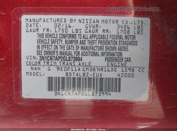 3N1CN7AP2GL873994 2016 NISSAN VERSA Red Շարժիչի բաժամունքի տեսք
