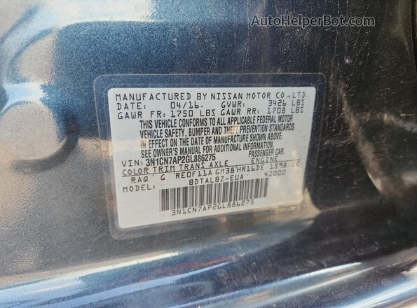 3N1CN7AP2GL886275 2016 NISSAN VERSA Blue Widok komory silnika