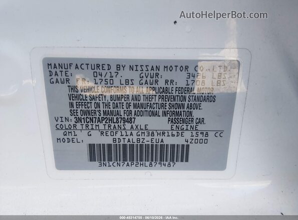 3N1CN7AP2HL879487 2017 NISSAN VERSA White Engine compartment view