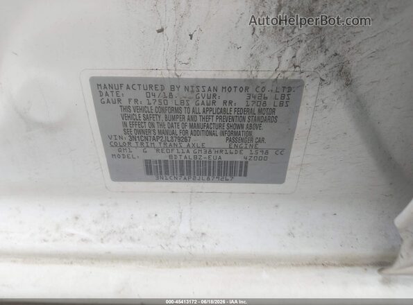 3N1CN7AP2JL879267 2018 NISSAN VERSA White Շարժիչի բաժամունքի տեսք