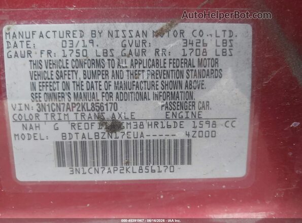 3N1CN7AP2KL856170 2019 NISSAN VERSA Красный Вид подкапотного пространства