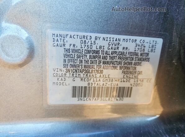 3N1CN7AP3GL817630 2016 NISSAN VERSA Charcoal Engine compartment view