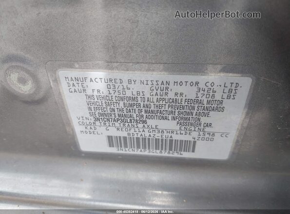 3N1CN7AP3GL878296 2016 NISSAN VERSA Gray Widok komory silnika