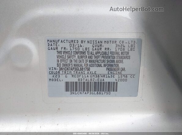 3N1CN7AP3GL881750 2016 NISSAN VERSA Silver Vista del compartimento del motor