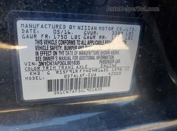 3N1CN7AP3GL901835 2016 NISSAN VERSA Black Вид підкапотного простору