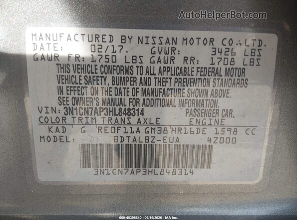 3N1CN7AP3HL848314 2017 NISSAN VERSA Gray Widok komory silnika