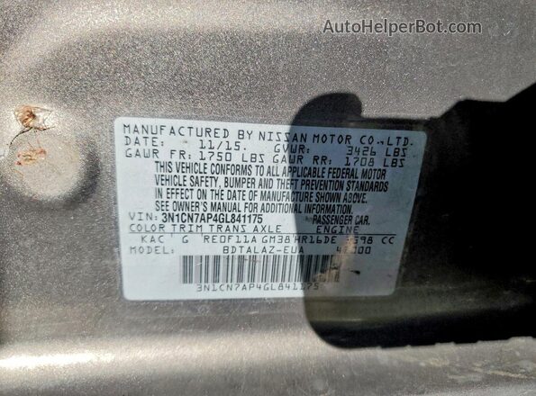 3N1CN7AP4GL841175 2016 NISSAN VERSA Gray 