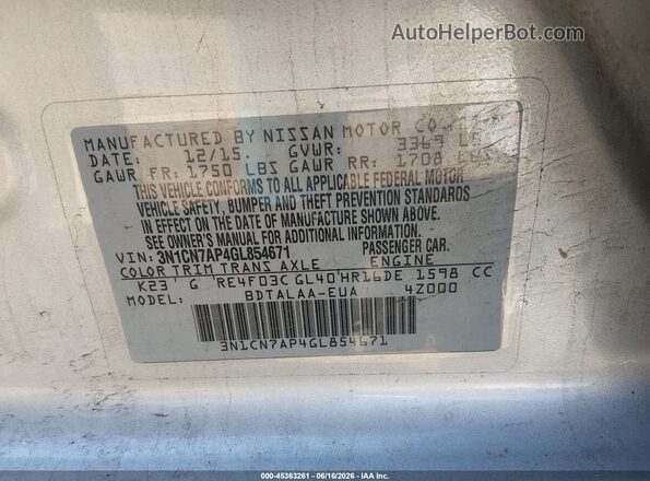 3N1CN7AP4GL854671 2016 NISSAN VERSA Silver Вид підкапотного простору