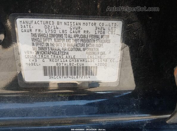 3N1CN7AP4GL872314 2016 NISSAN VERSA Black Vista del compartimento del motor