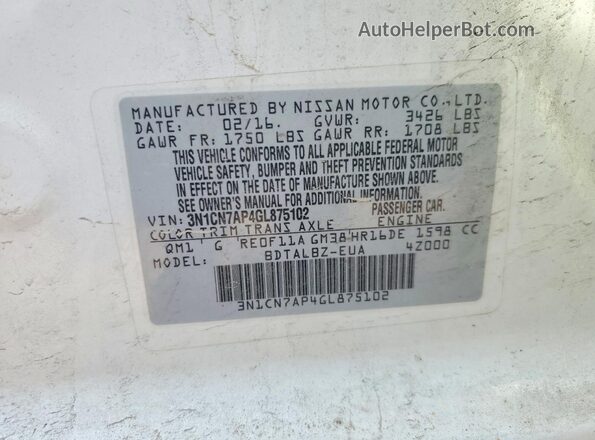 3N1CN7AP4GL875102 2016 NISSAN VERSA White Widok naklejki z numerem VIN