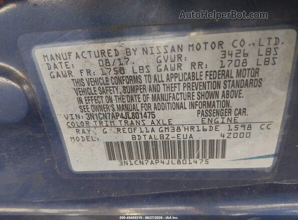 3N1CN7AP4JL801475 2018 NISSAN VERSA Синий Вид подкапотного пространства