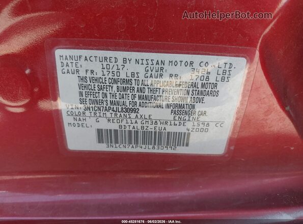 3N1CN7AP4JL830992 2018 NISSAN VERSA Red Widok komory silnika