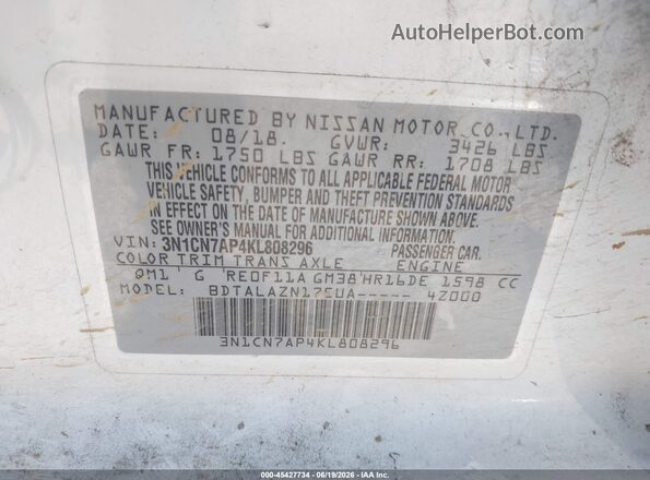 3N1CN7AP4KL808296 2019 NISSAN VERSA White Widok komory silnika
