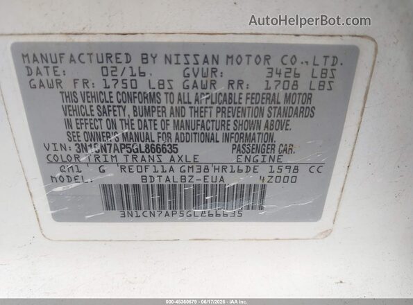 3N1CN7AP5GL866635 2016 NISSAN VERSA White ძრავის განყოფილების ხედი
