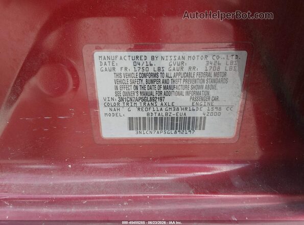 3N1CN7AP5GL892197 2016 NISSAN VERSA Red Vista del compartimento del motor